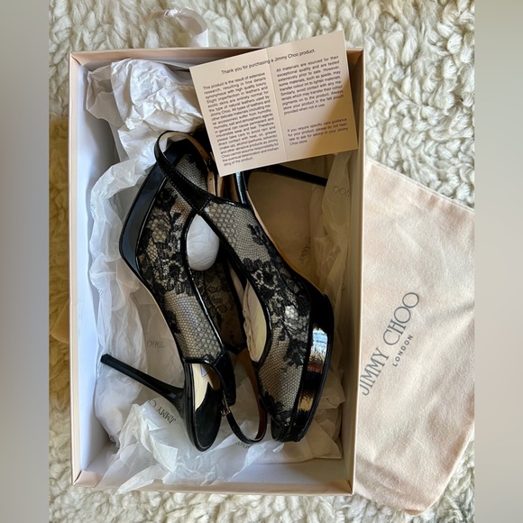 Jimmy Choo Nova 100mm Black Floral Lace Mesh Slingback Peep Toe Sandal Heels 38 - Picture 4 of 12